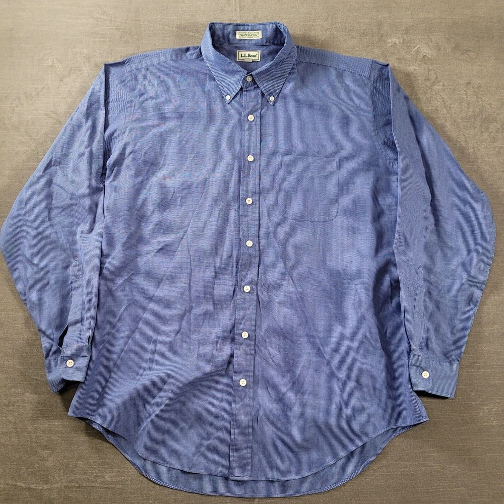 LL Bean Mens Shirt 17.5 37 Blue Checked Long Sleeve Casual Button Up